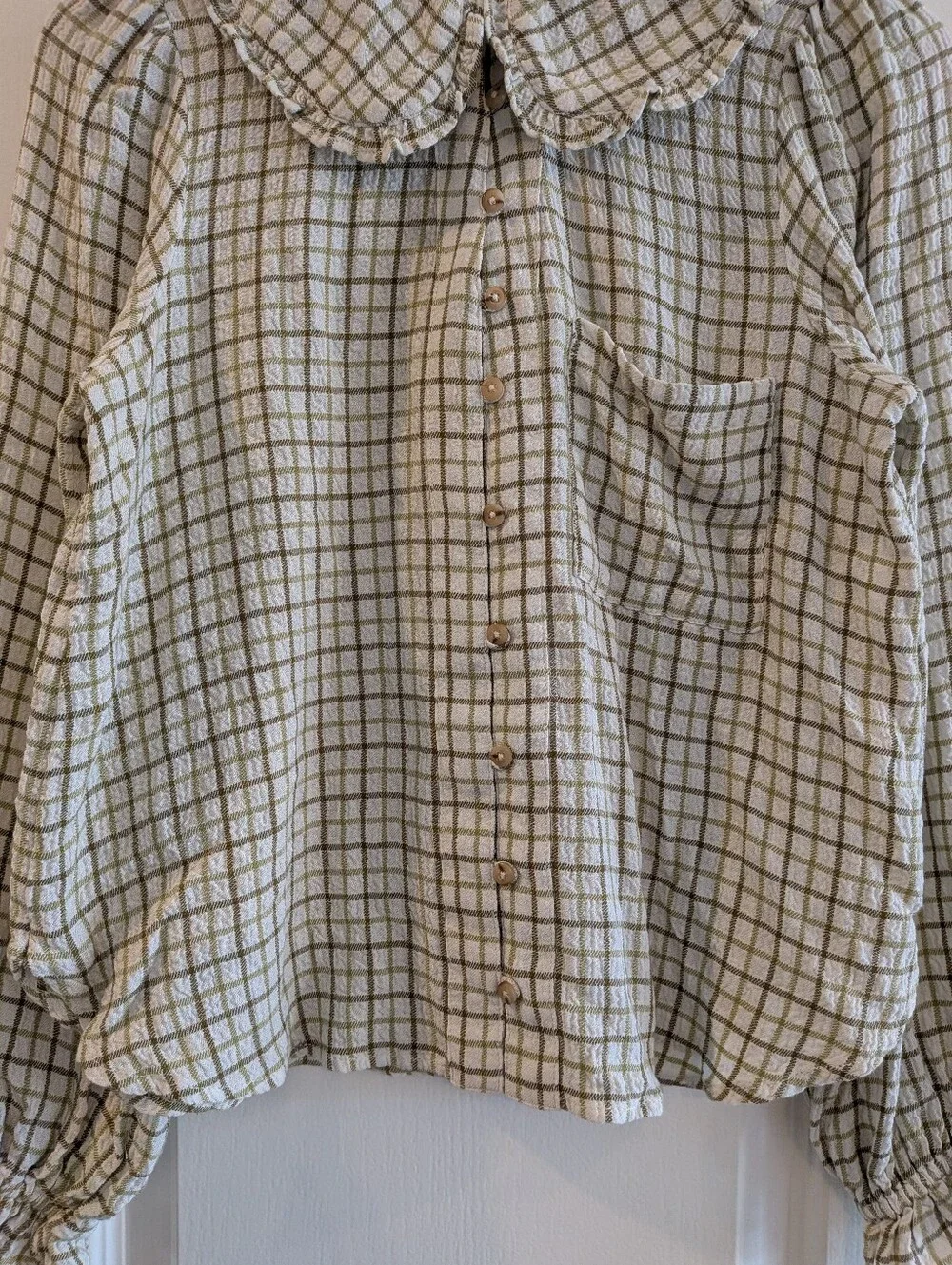 Anthropologie Pilcro Keira Peter Pan Collar Blouse Green Plaid Lone Sleeve Sz S